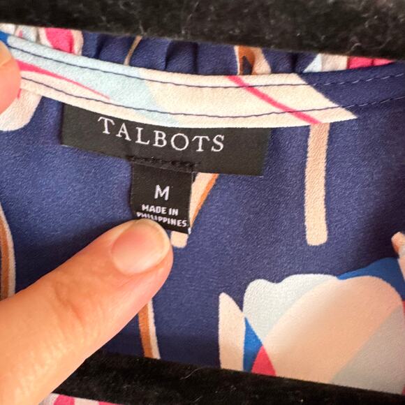 Talbots Tulips Ruffle Trim Popover Top Blue Button Front Long Sleeve Sz M - Picture 5 of 8